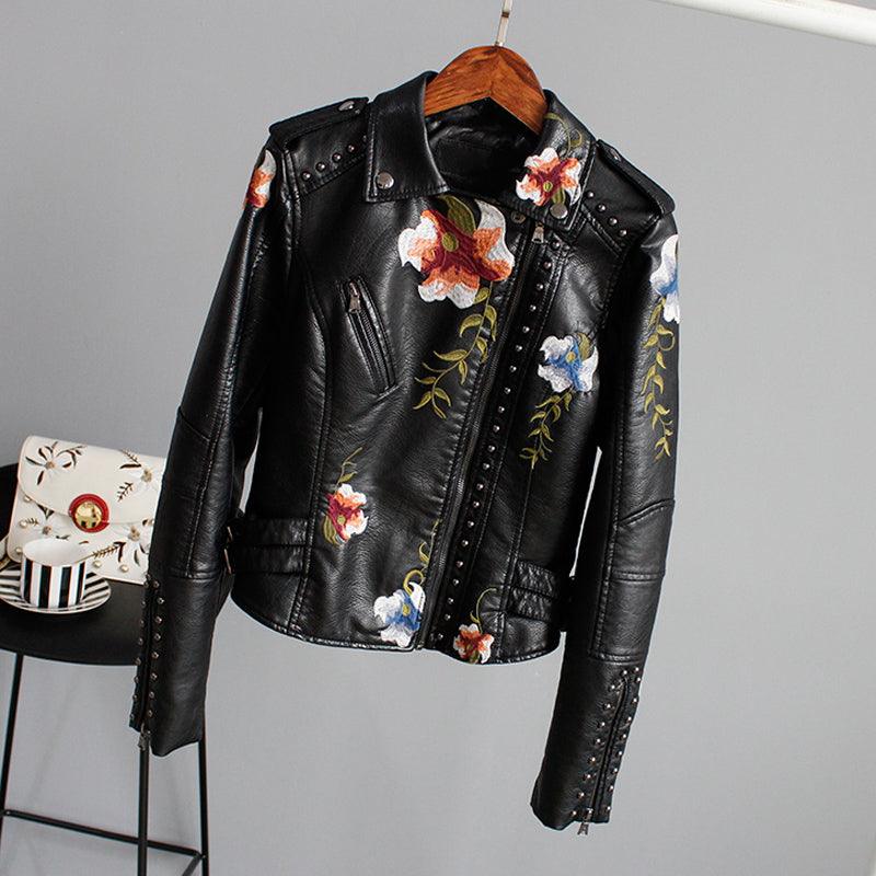 Kymber | Chaqueta Motera Negra Con Bordados Florales