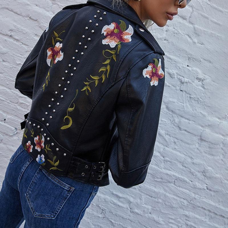 Kymber | Chaqueta Motera Negra Con Bordados Florales