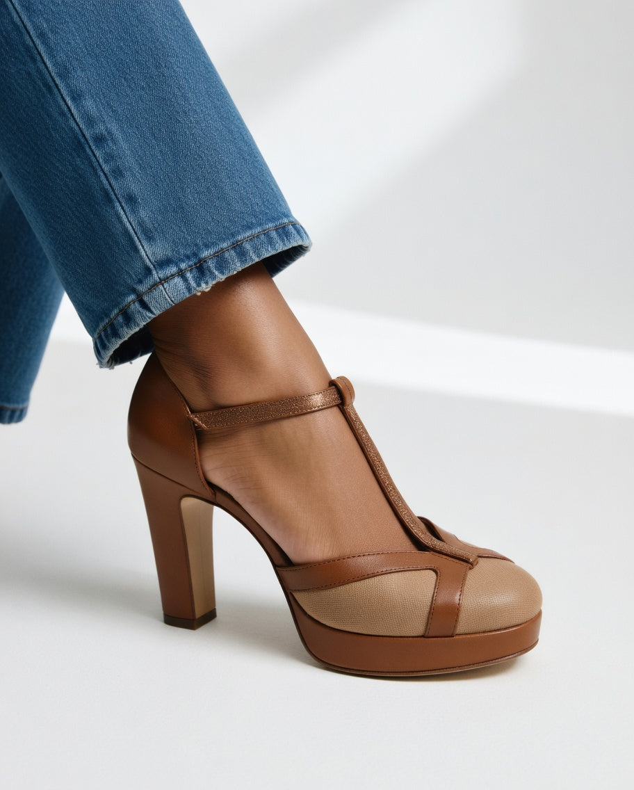 Delfinna | Zapatos De Salón Con Tacón Grueso De Plataforma Y Correa en T