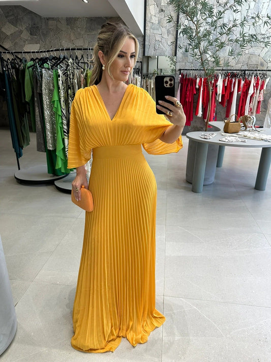 Valerija - Vestido Largo Plisado Con Cuello en V y Mangas Fluidas