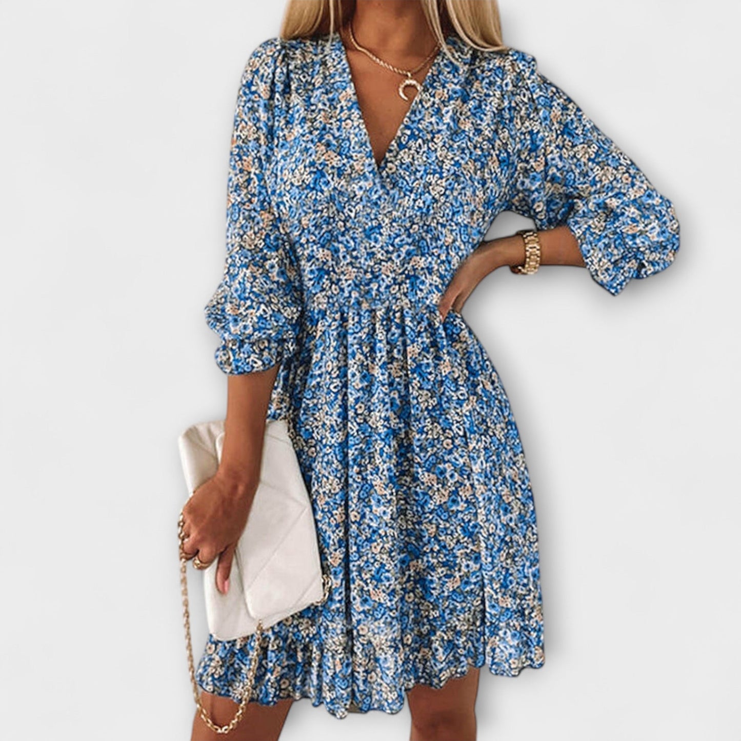 Shari | Vestido Floral Con Cuello en V y Mangas Abullonadas
