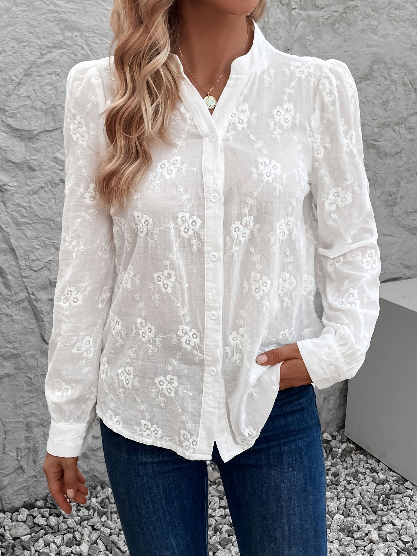 Verilou | Camisa Bordada Con Mangas Largas Abullonadas