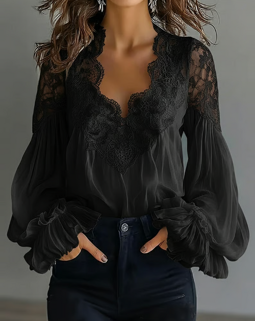 Katija - Blusa de Encaje Floral Con Cuello en V y Mangas Acampanadas Transparentes
