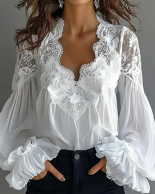 Katija - Blusa de Encaje Floral Con Cuello en V y Mangas Acampanadas Transparentes
