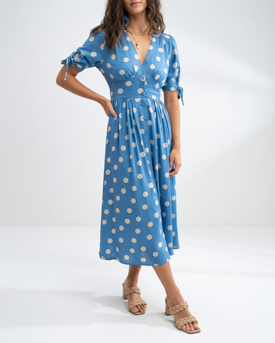 Fabienne | Vestido Midi Con Cuello en V Y Lunares