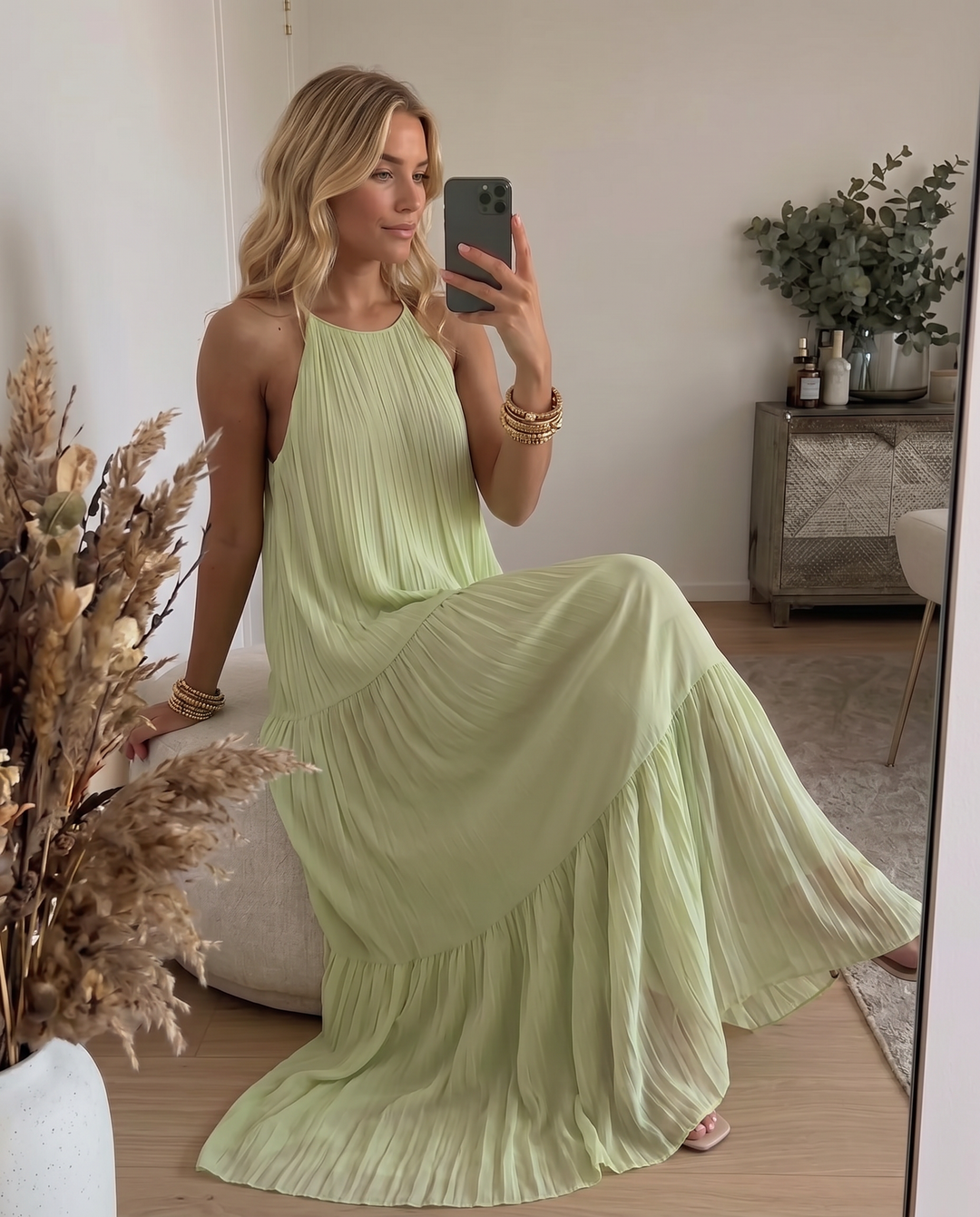 Frazier - Vestido Largo Sin Mangas Con Pliegues y Volantes