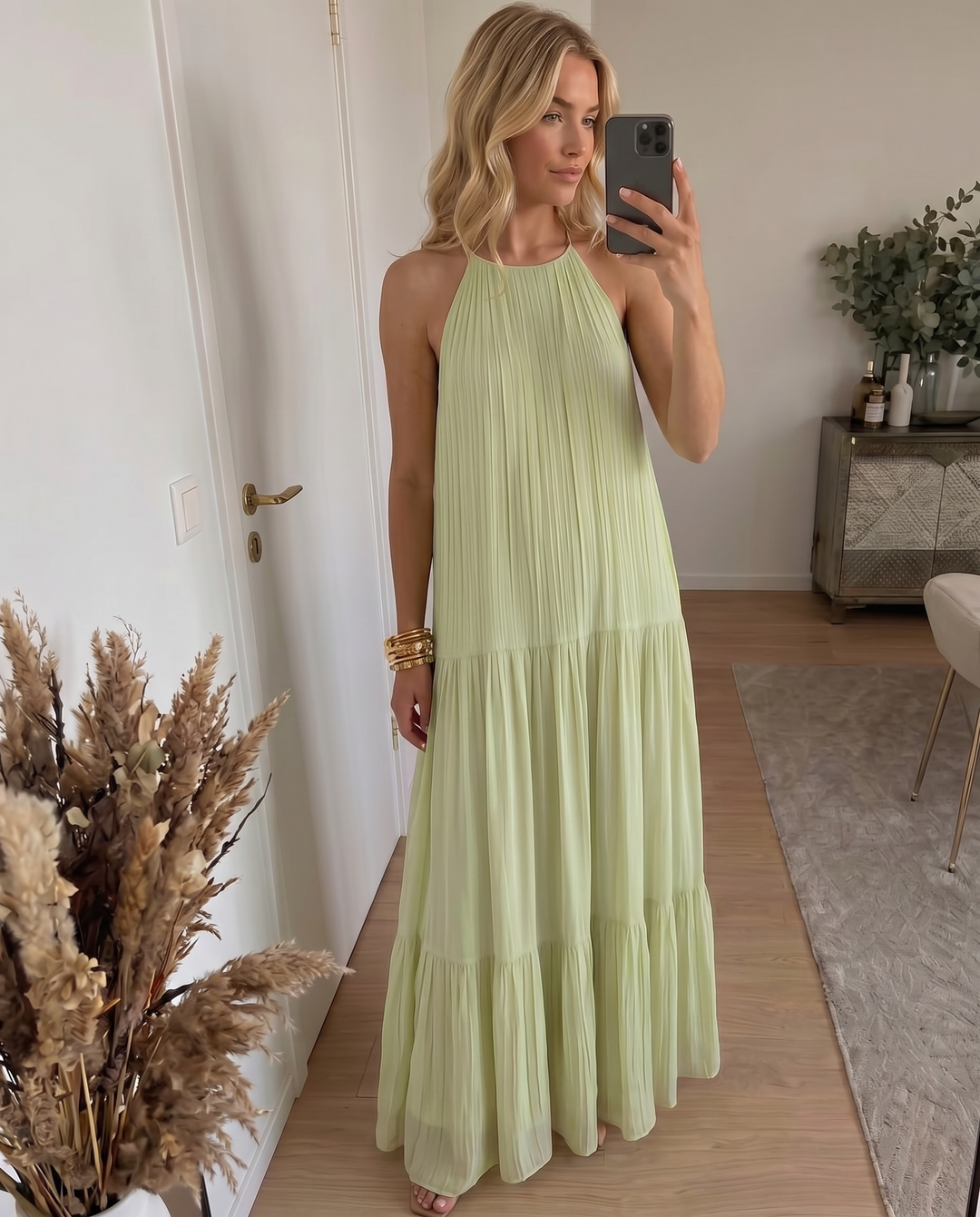 Frazier - Vestido Largo Sin Mangas Con Pliegues y Volantes