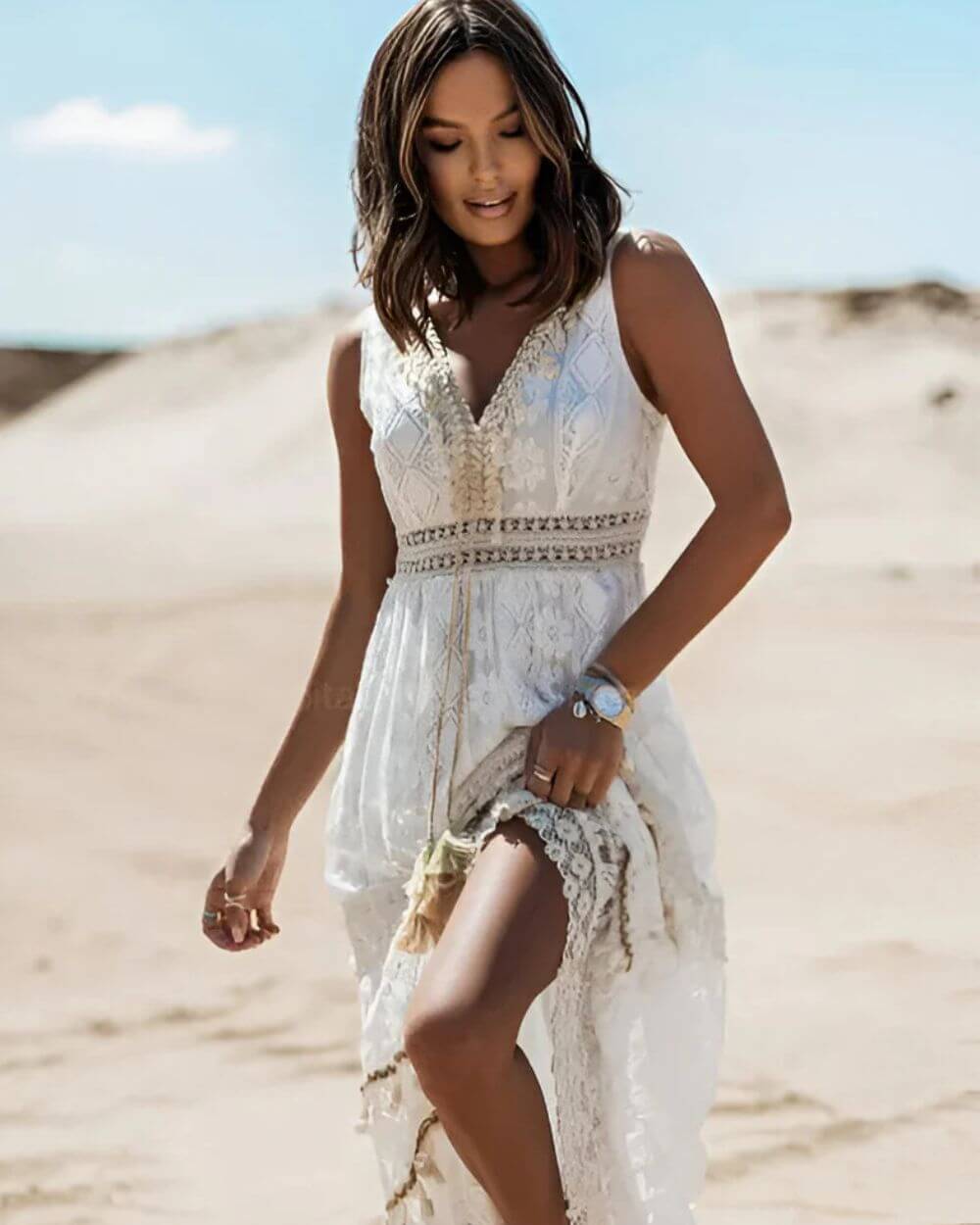 Jooli | Vestido Largo Sin Mangas Con Ribete De Encaje Estilo Boho