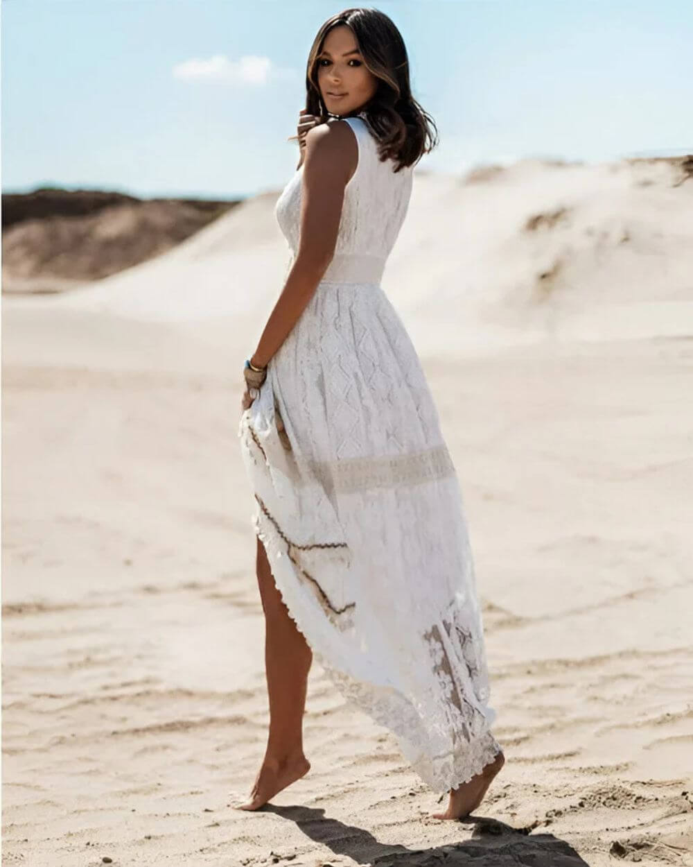 Jooli | Vestido Largo Sin Mangas Con Ribete De Encaje Estilo Boho