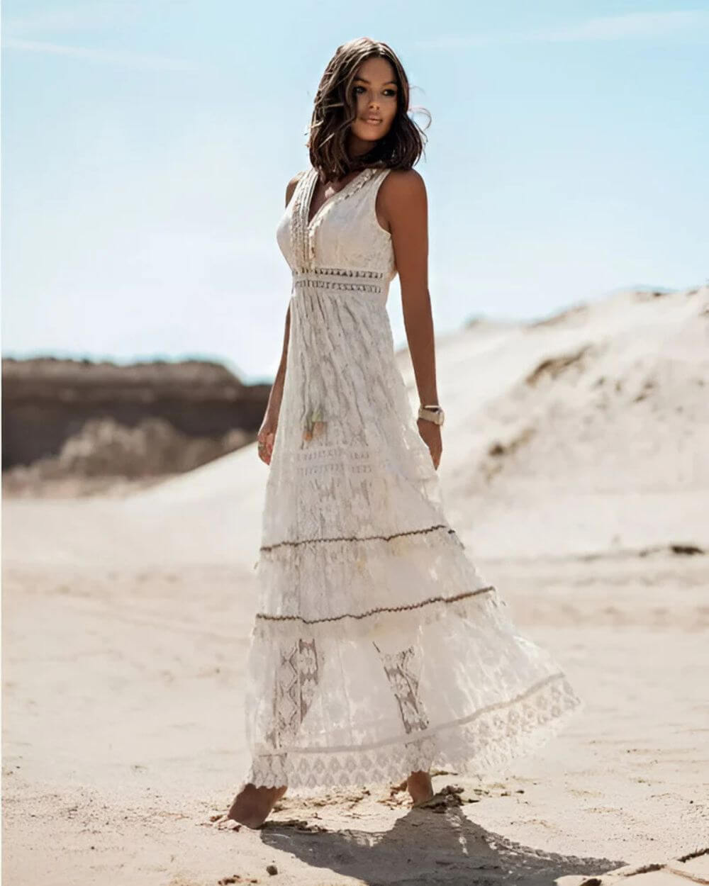 Jooli | Vestido Largo Sin Mangas Con Ribete De Encaje Estilo Boho