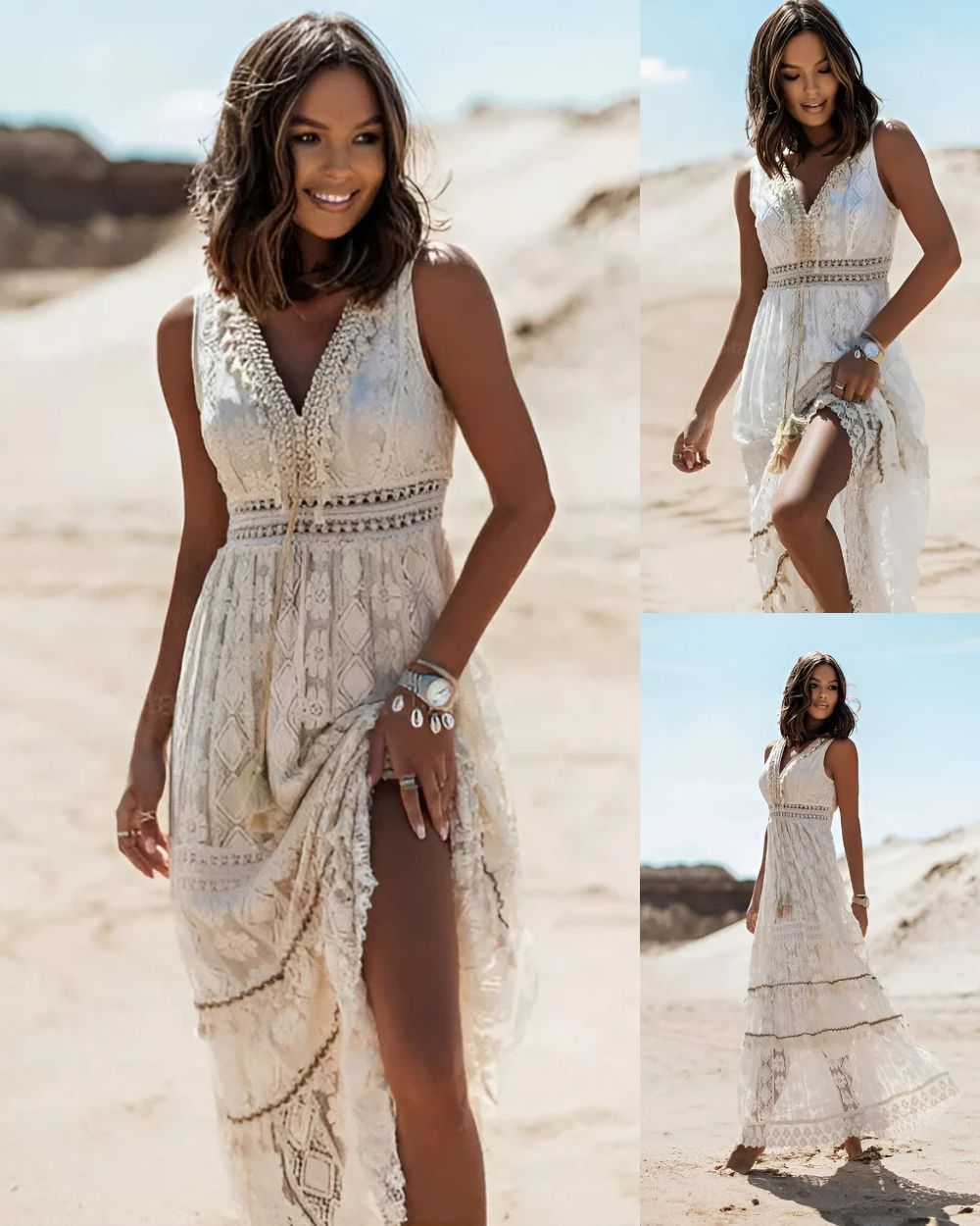Jooli | Vestido Largo Sin Mangas Con Ribete De Encaje Estilo Boho