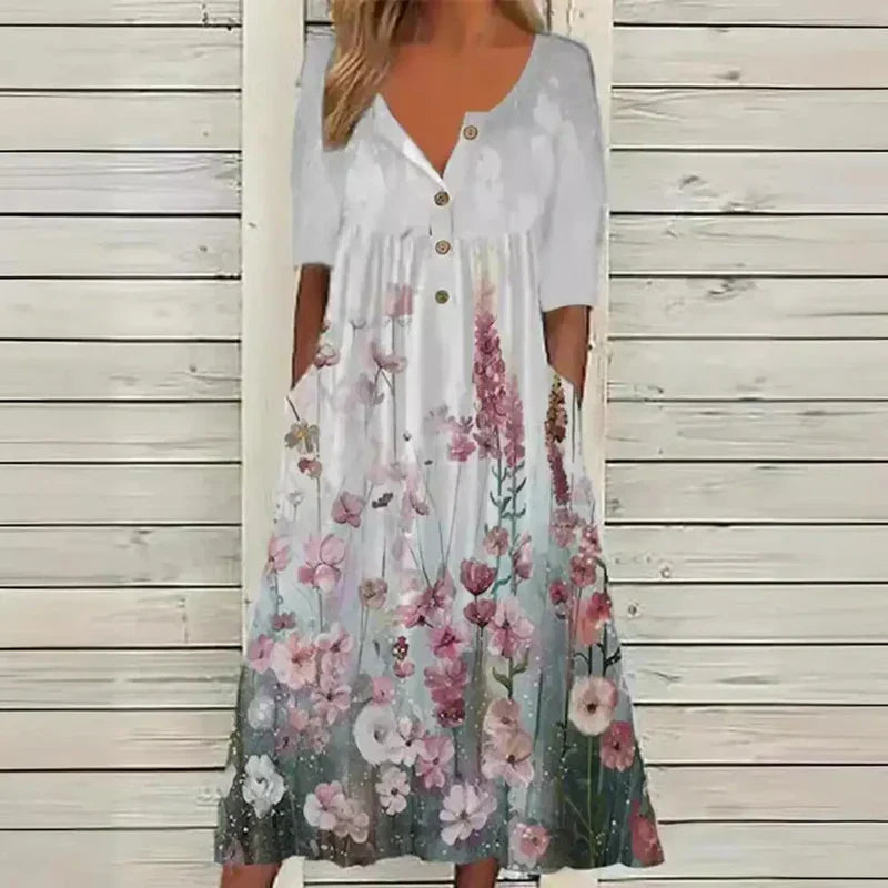 Elles | Vestido Midi Estampado Floral Cuello Pico