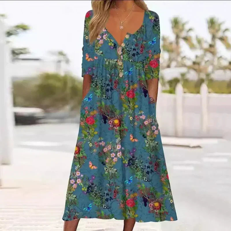 Elles | Vestido Midi Estampado Floral Cuello Pico