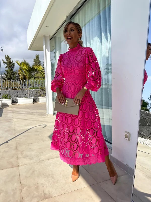 Larena | Vestido midi de Encaje de Manga Larga