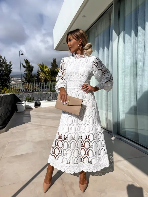 Larena | Vestido midi de Encaje de Manga Larga