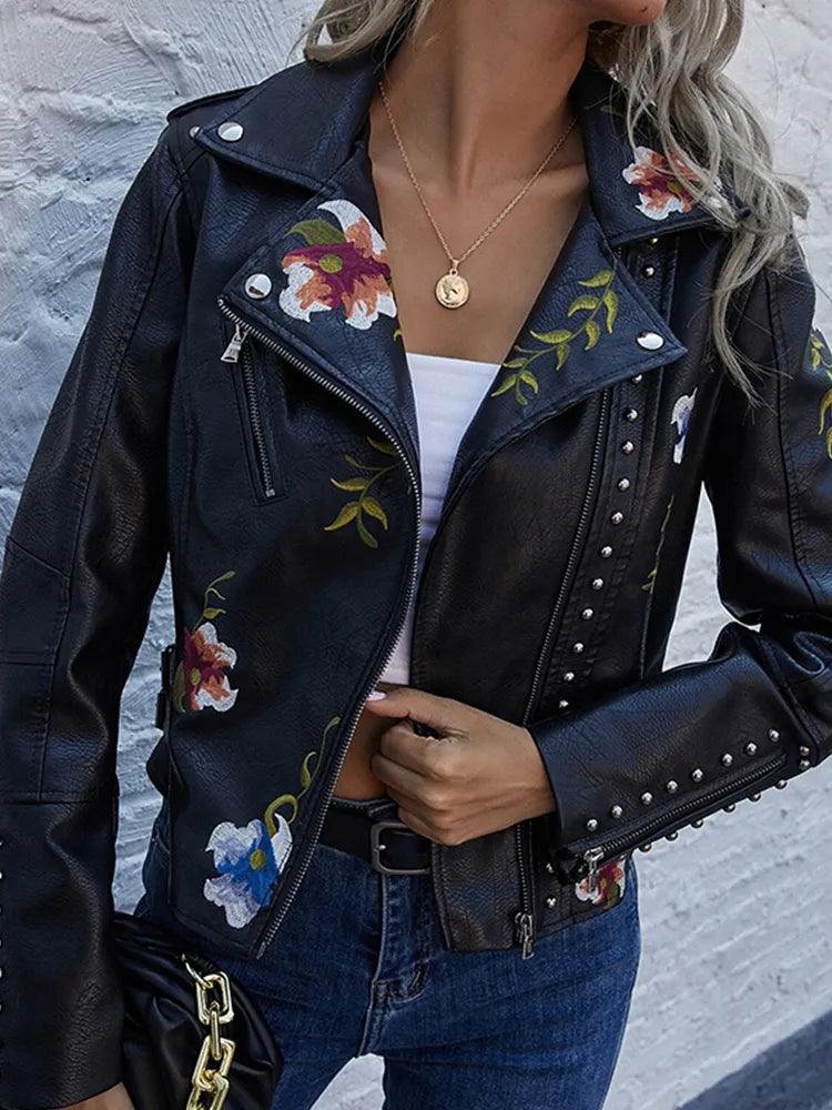 Kymber | Chaqueta Motera Negra Con Bordados Florales