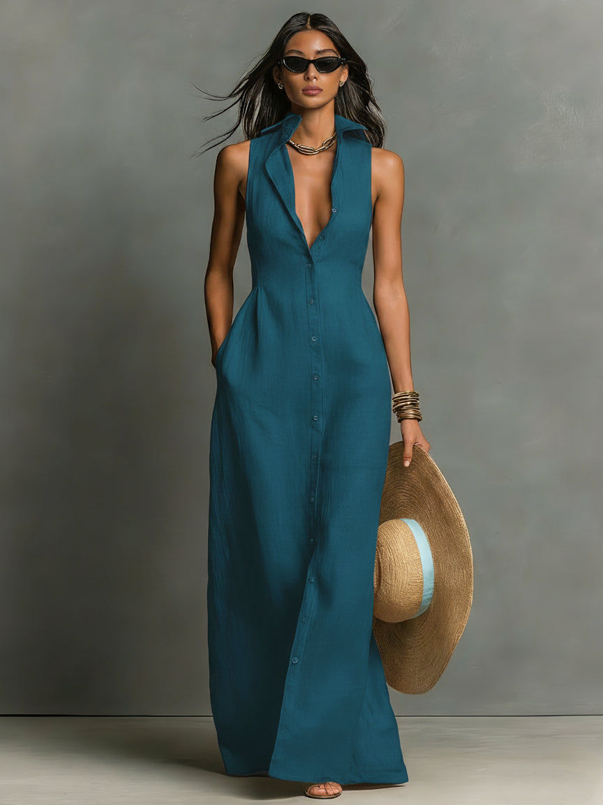 Hani | Vestido Maxi Sin Mangas Con Botones