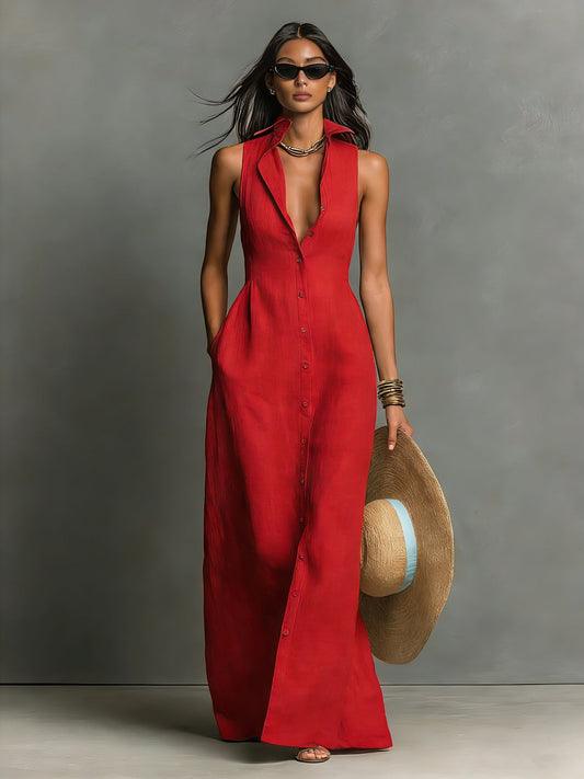 Hani | Vestido Maxi Sin Mangas Con Botones