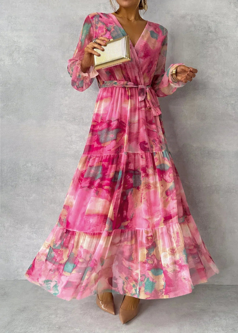 Jenina | Vestido Largo Cruzado Con Estampado Floral Rosa Para Mujer