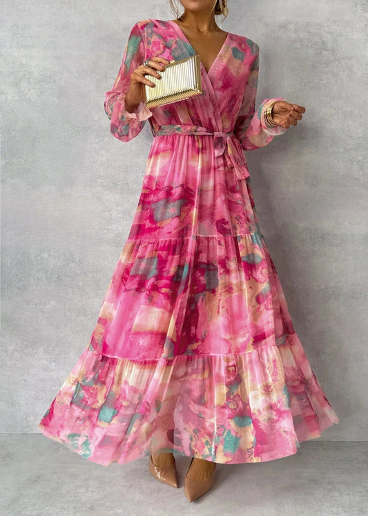 Jenina | Vestido Largo Cruzado Con Estampado Floral Rosa Para Mujer