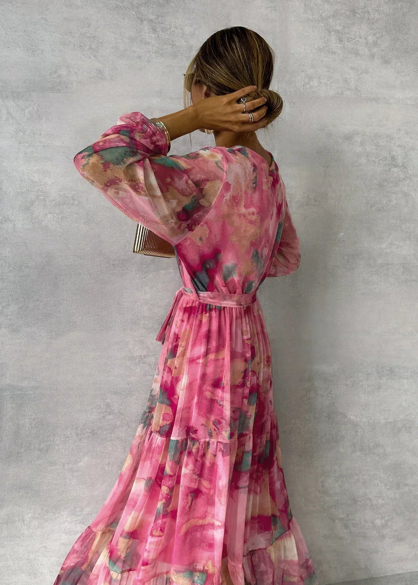 Jenina | Vestido Largo Cruzado Con Estampado Floral Rosa Para Mujer