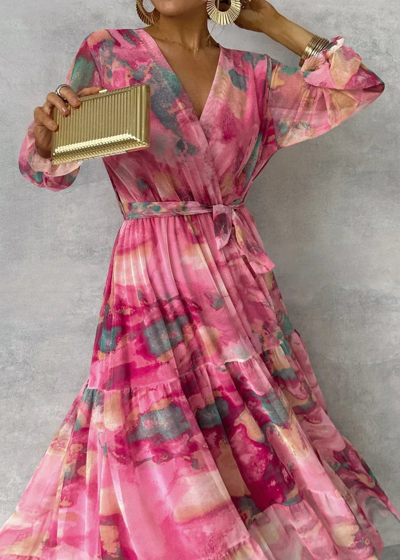Jenina | Vestido Largo Cruzado Con Estampado Floral Rosa Para Mujer