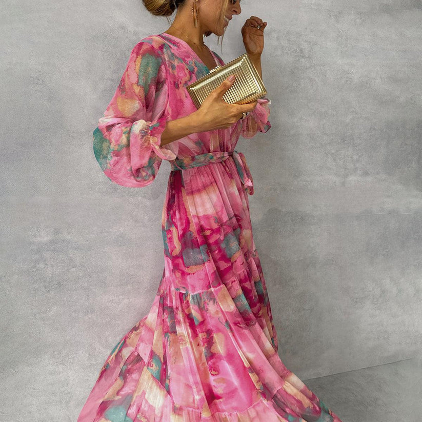 Jenina | Vestido Largo Cruzado Con Estampado Floral Rosa Para Mujer