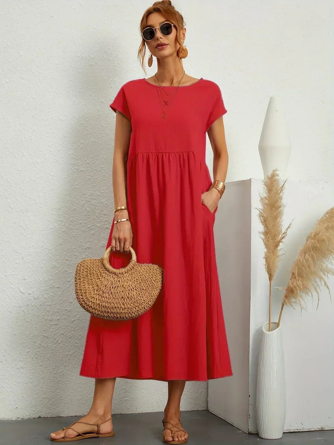 Cintia - Vestido Informal de Corte Holgado Manga Corta y Bolsillos