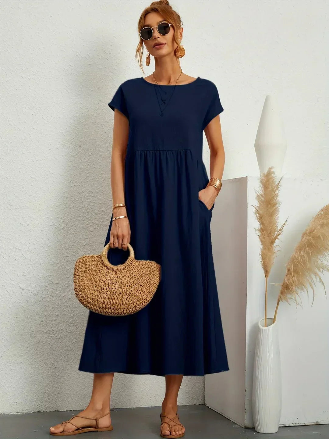 Cintia - Vestido Informal de Corte Holgado Manga Corta y Bolsillos
