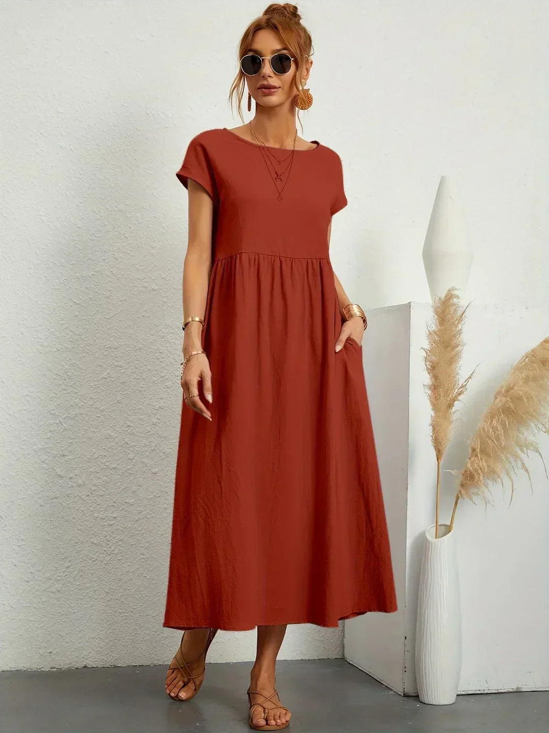 Cintia - Vestido Informal de Corte Holgado Manga Corta y Bolsillos