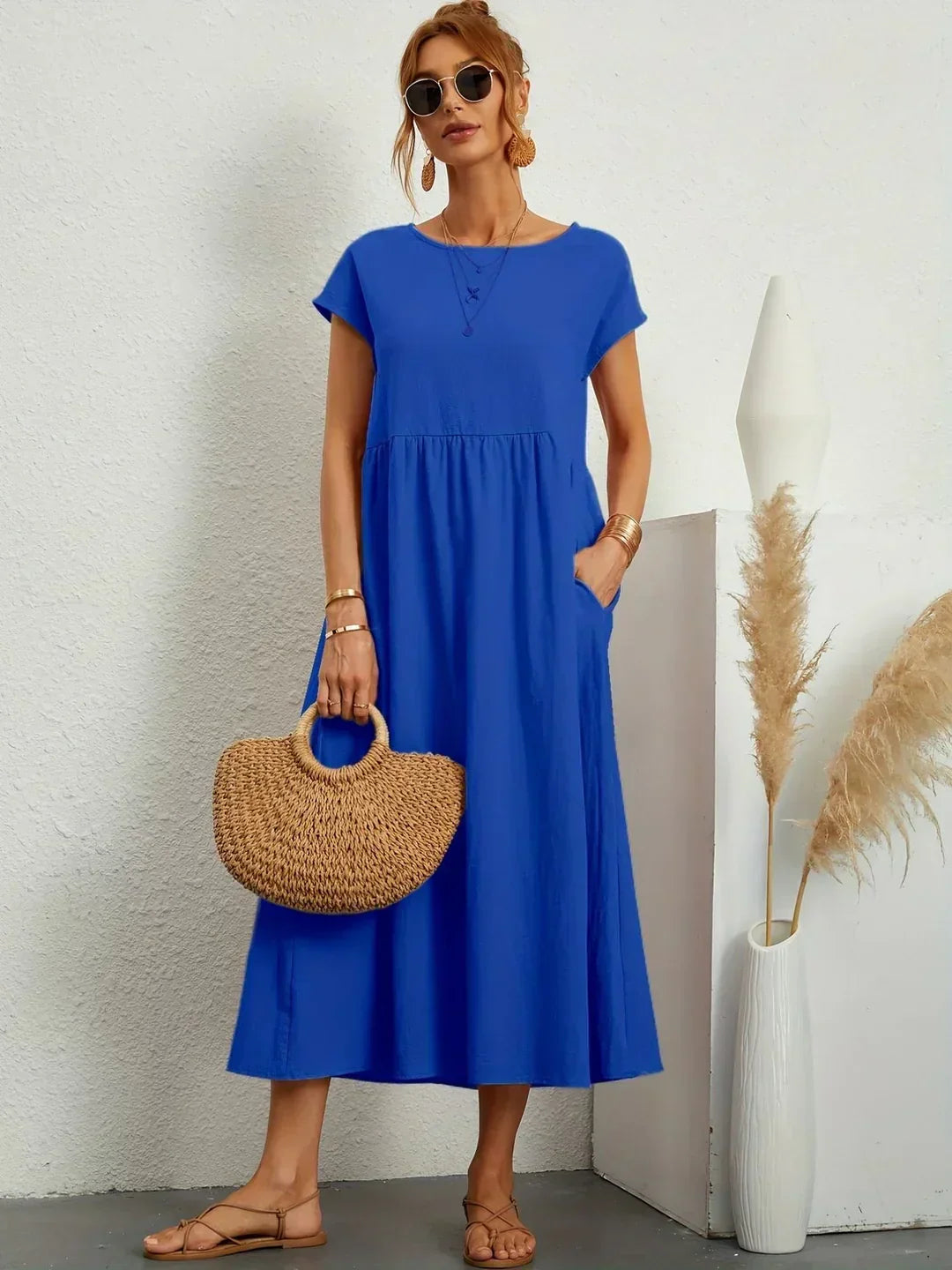 Cintia - Vestido Informal de Corte Holgado Manga Corta y Bolsillos