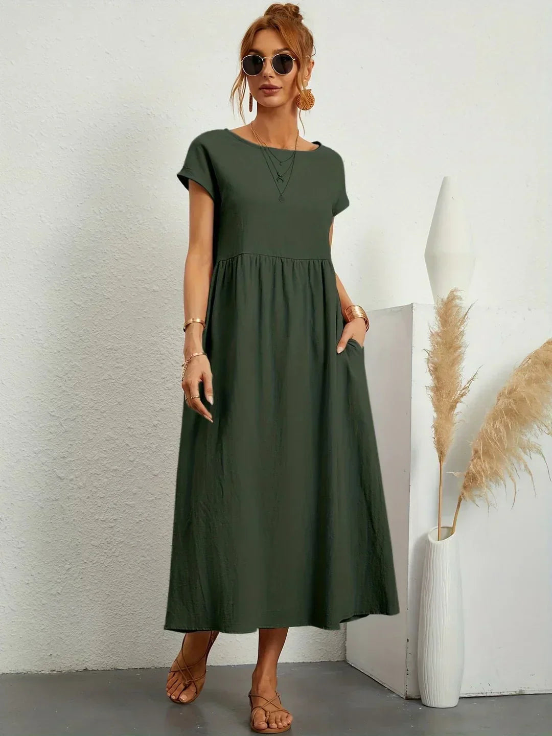 Cintia - Vestido Informal de Corte Holgado Manga Corta y Bolsillos