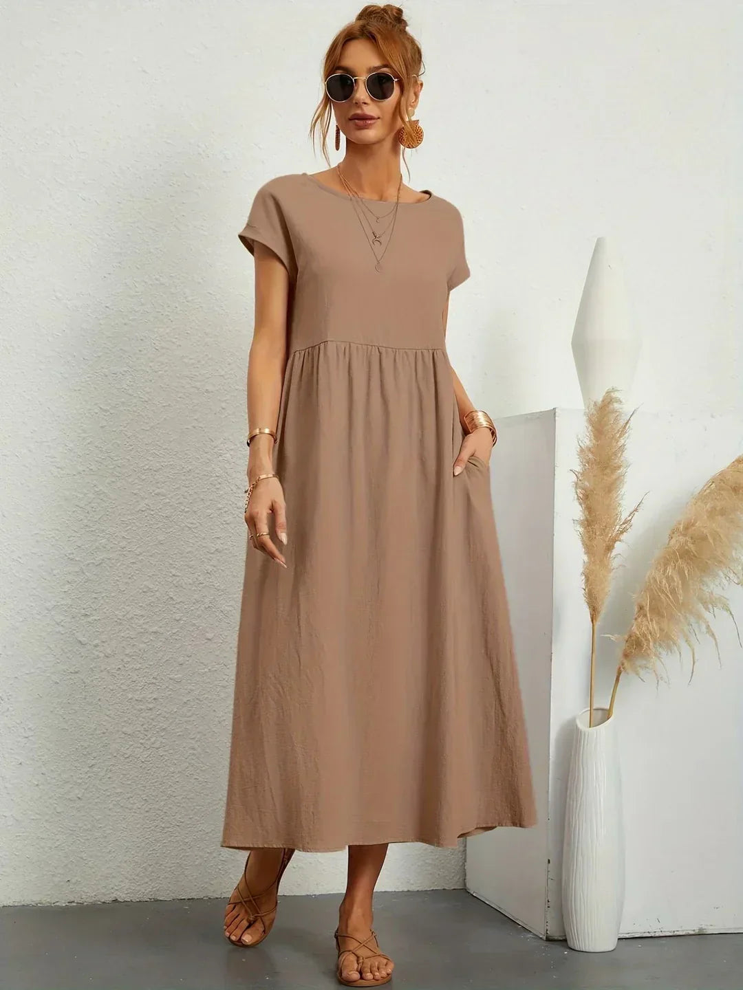 Cintia - Vestido Informal de Corte Holgado Manga Corta y Bolsillos