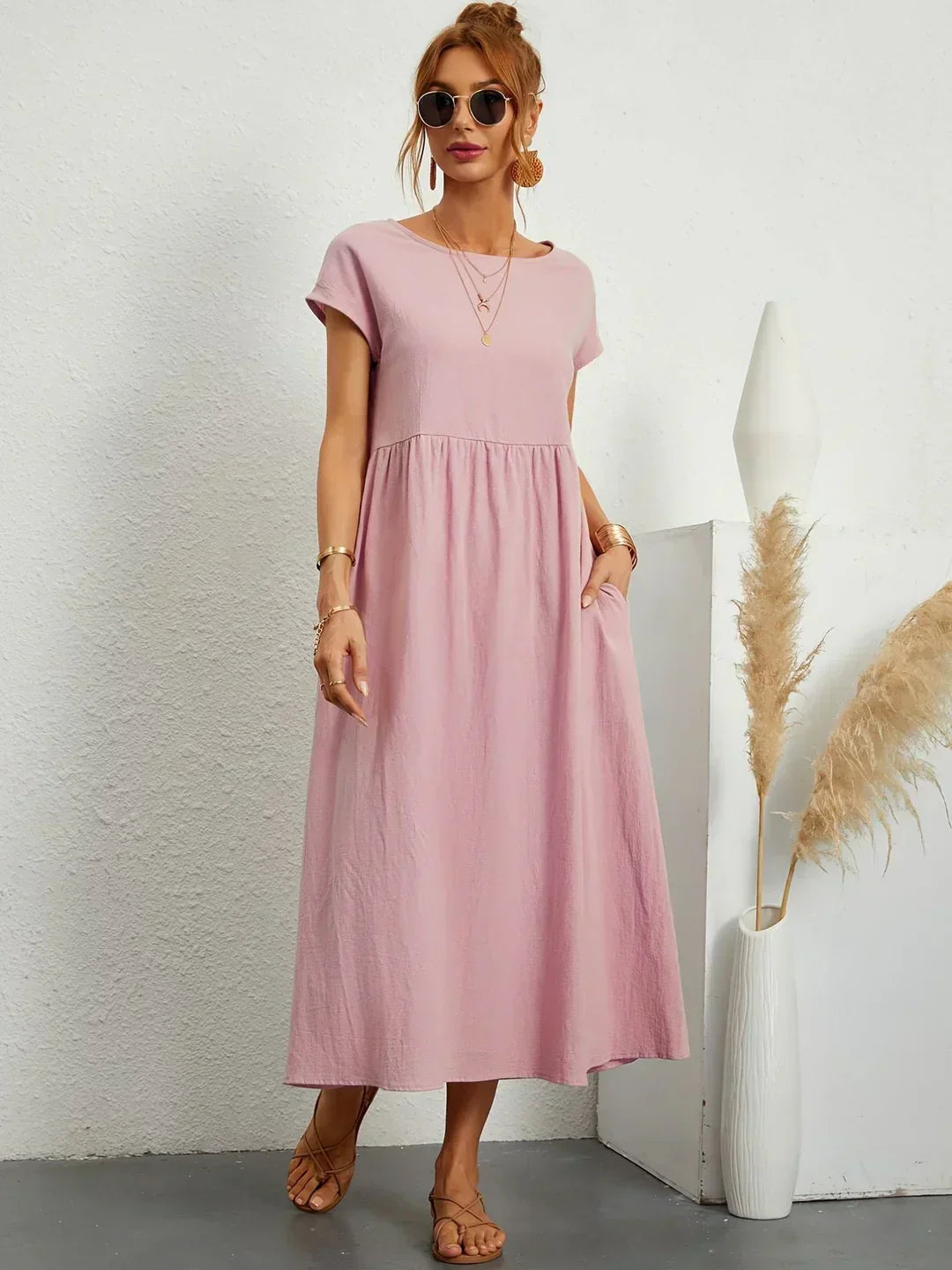 Cintia - Vestido Informal de Corte Holgado Manga Corta y Bolsillos