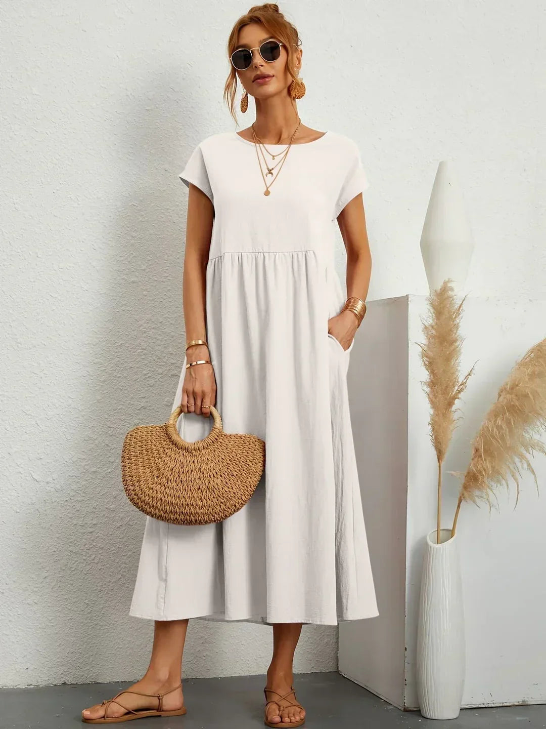 Cintia - Vestido Informal de Corte Holgado Manga Corta y Bolsillos