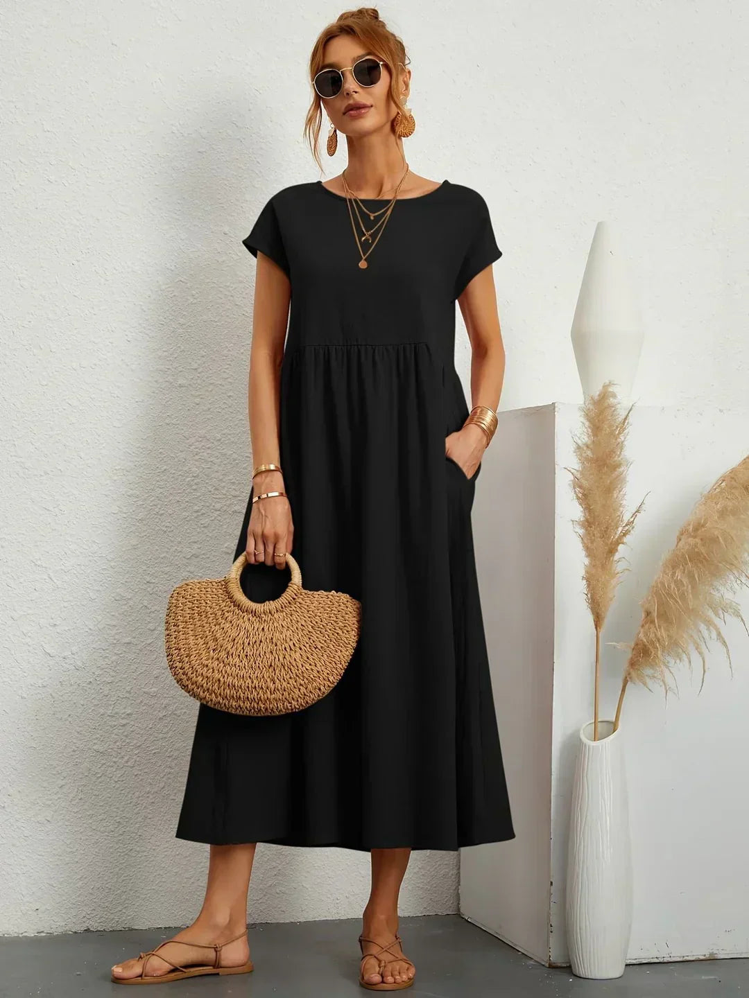 Cintia - Vestido Informal de Corte Holgado Manga Corta y Bolsillos