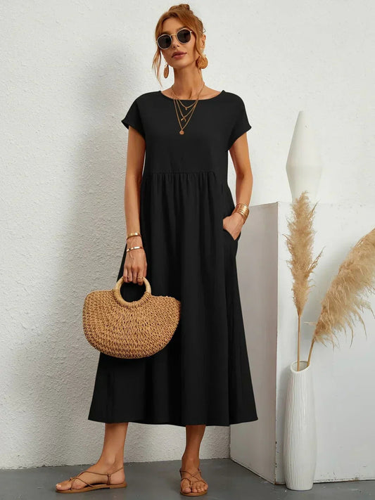 Cintia - Vestido Informal de Corte Holgado Manga Corta y Bolsillos