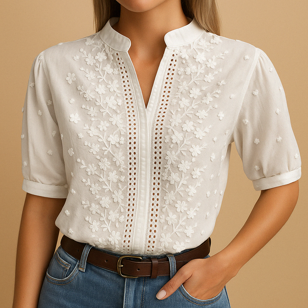 Leanaa - Blusa de Manga Corta Con Bordado Floral