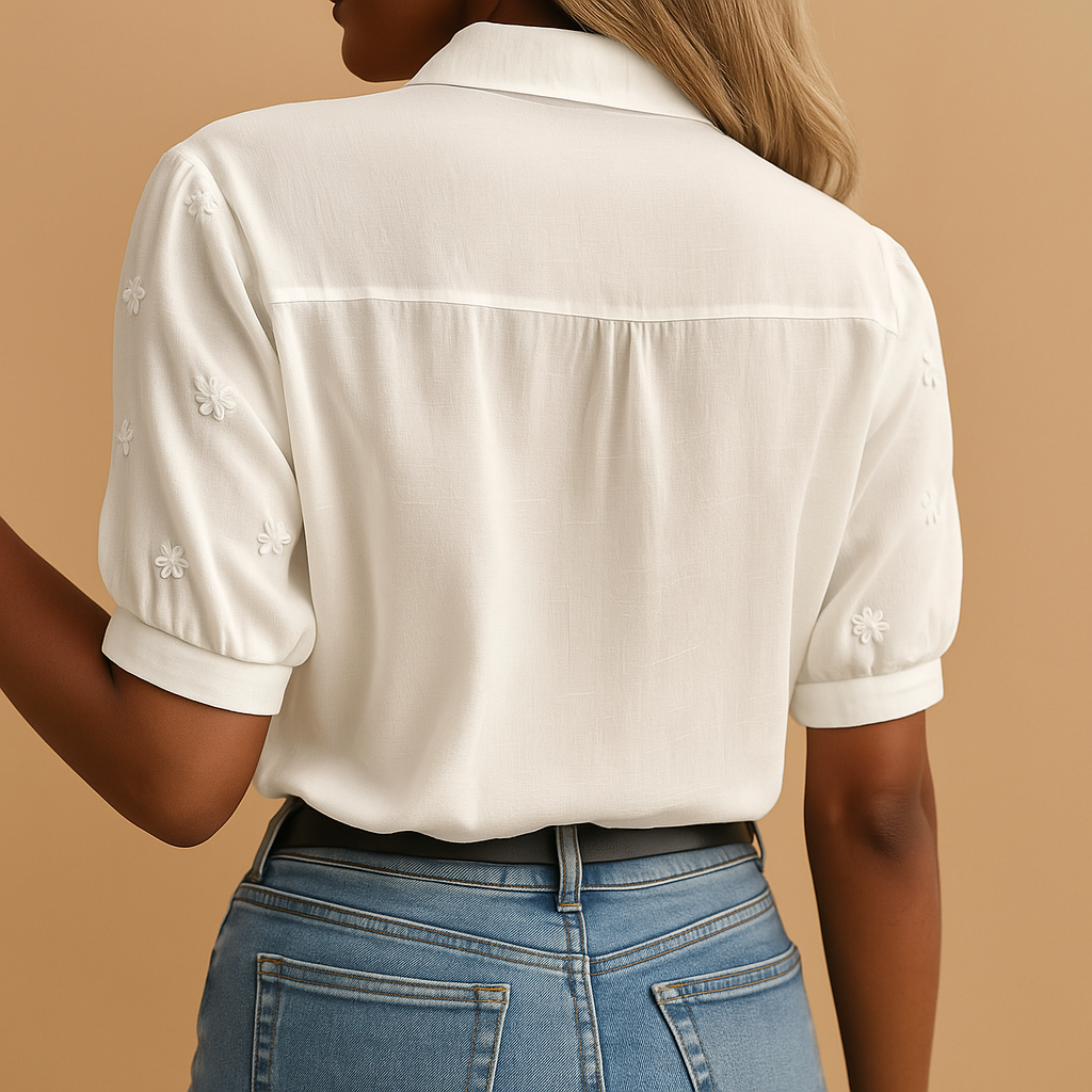 Leanaa - Blusa de Manga Corta Con Bordado Floral