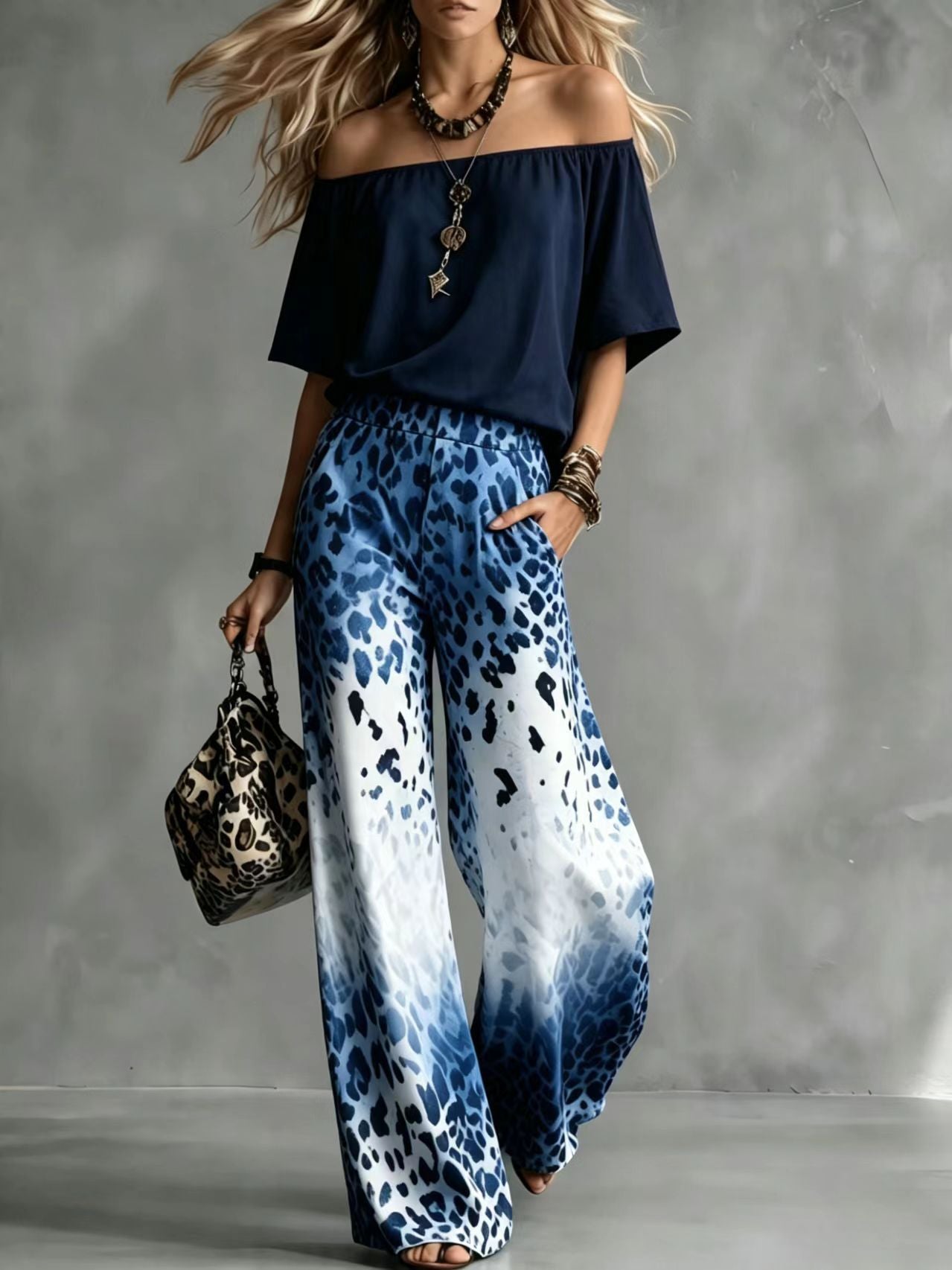 Rinia | Conjunto con Top Bardot y Pantalón Estampado