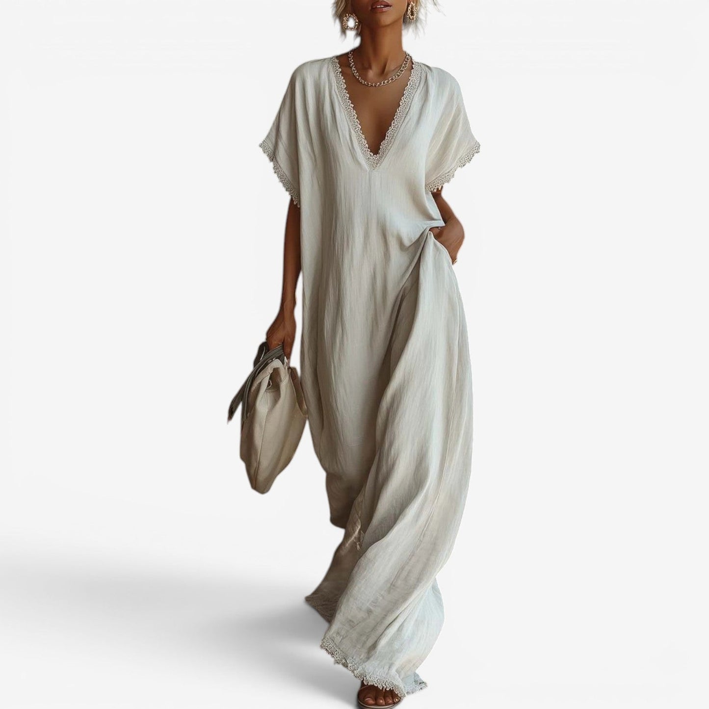 Farzana | Vestido Maxi Cuello V Con Encaje