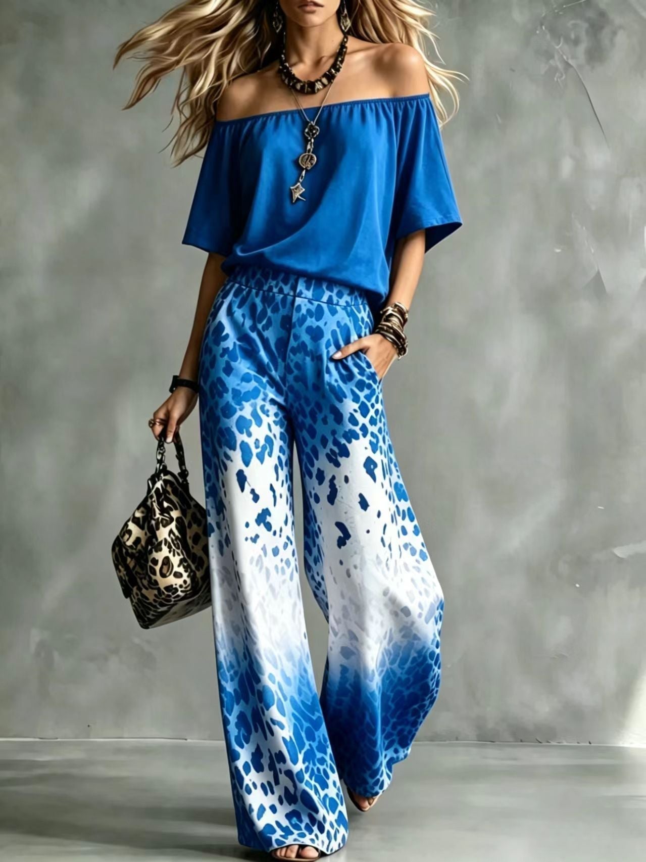 Rinia | Conjunto con Top Bardot y Pantalón Estampado