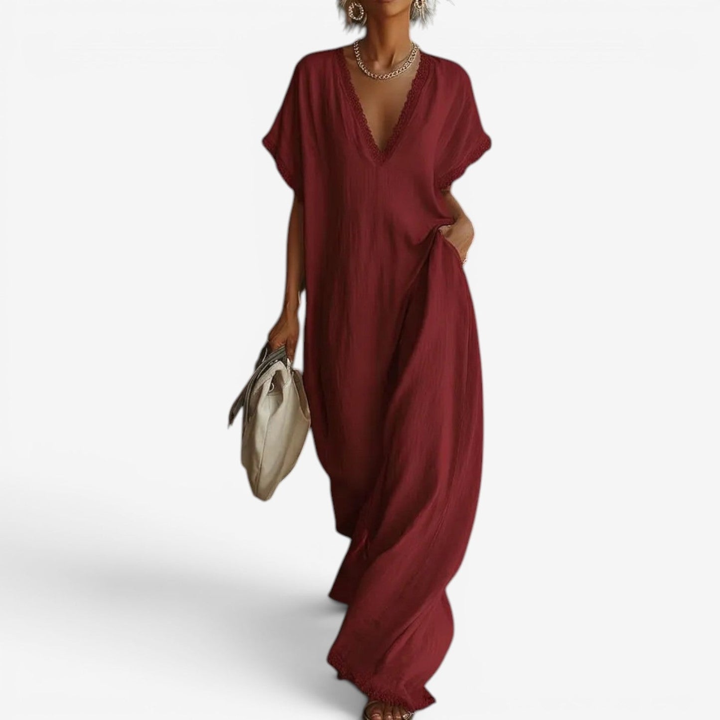 Farzana | Vestido Maxi Cuello V Con Encaje