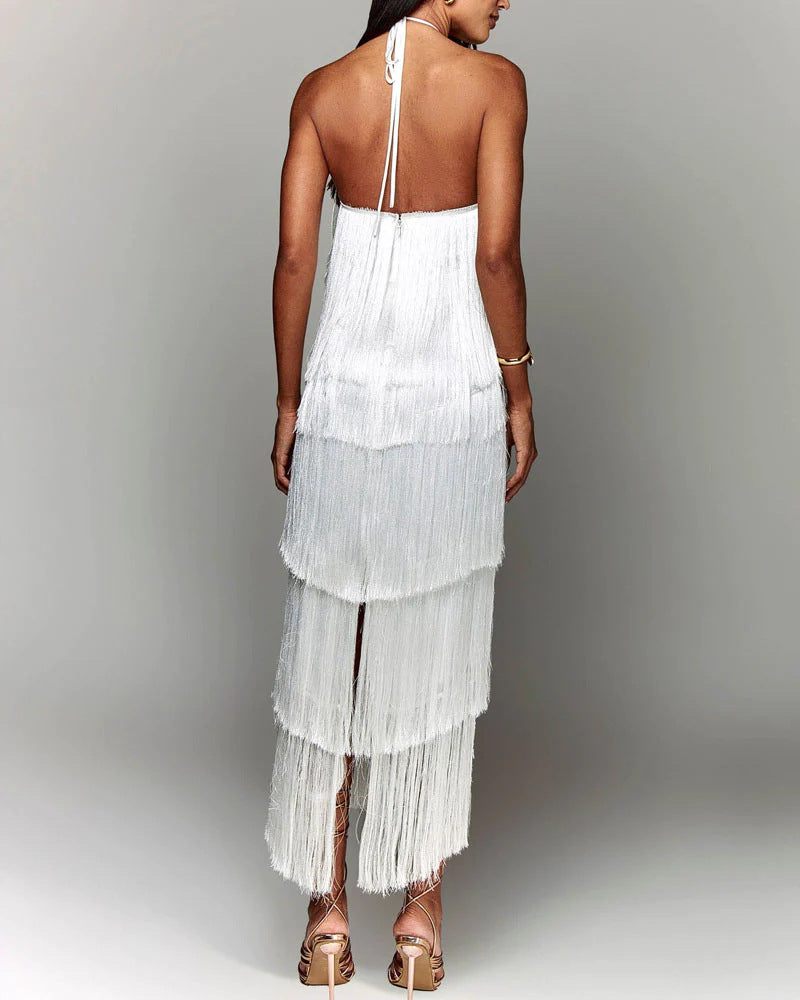 Eva | Vestido Largo Con Flecos Cuello Halter y Corte en Capas