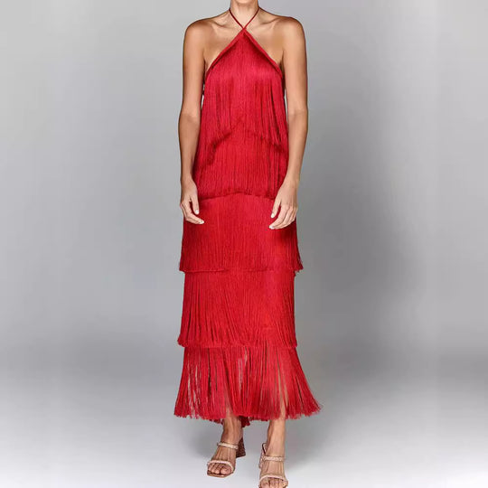 Eva | Vestido Largo Con Flecos Cuello Halter y Corte en Capas
