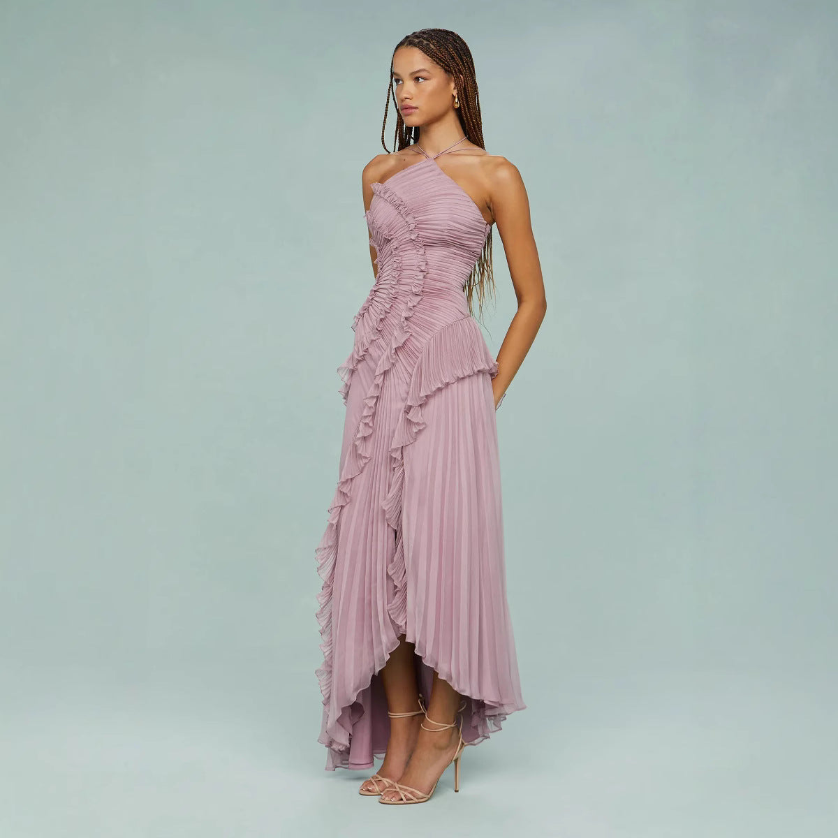 Maraike | Vestido Largo Plisado Con Volantes Y UN Solo Hombro