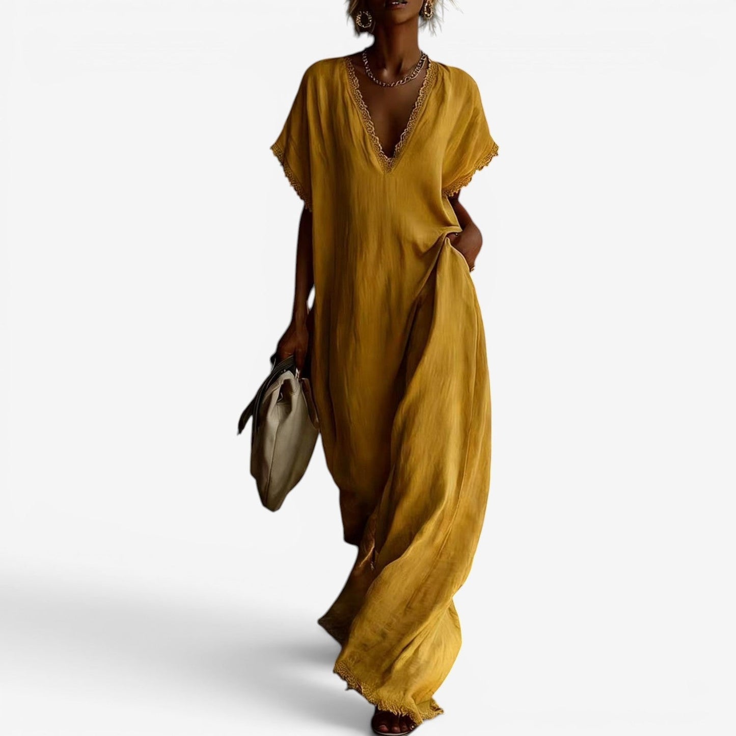 Farzana | Vestido Maxi Cuello V Con Encaje