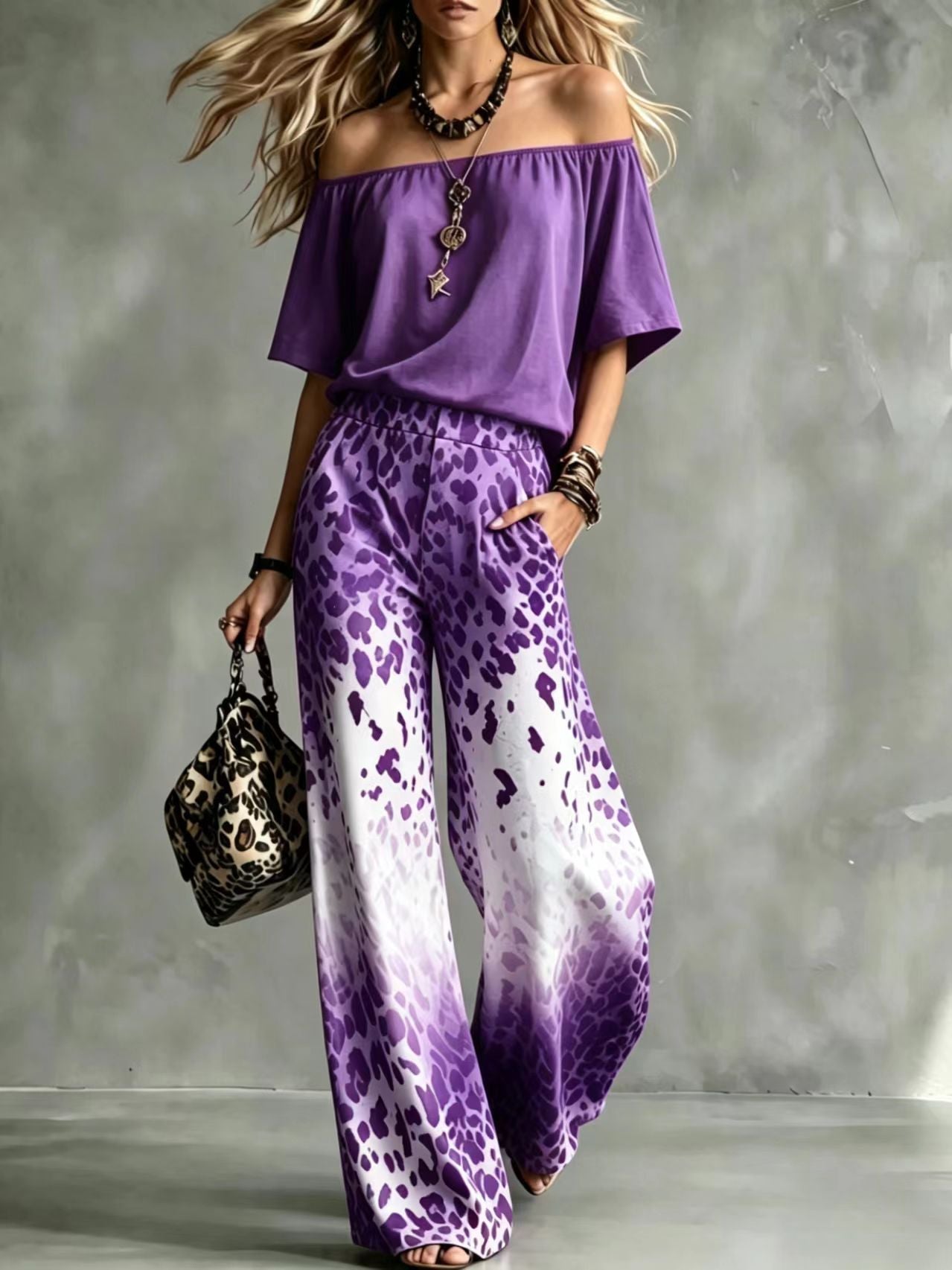 Rinia | Conjunto con Top Bardot y Pantalón Estampado