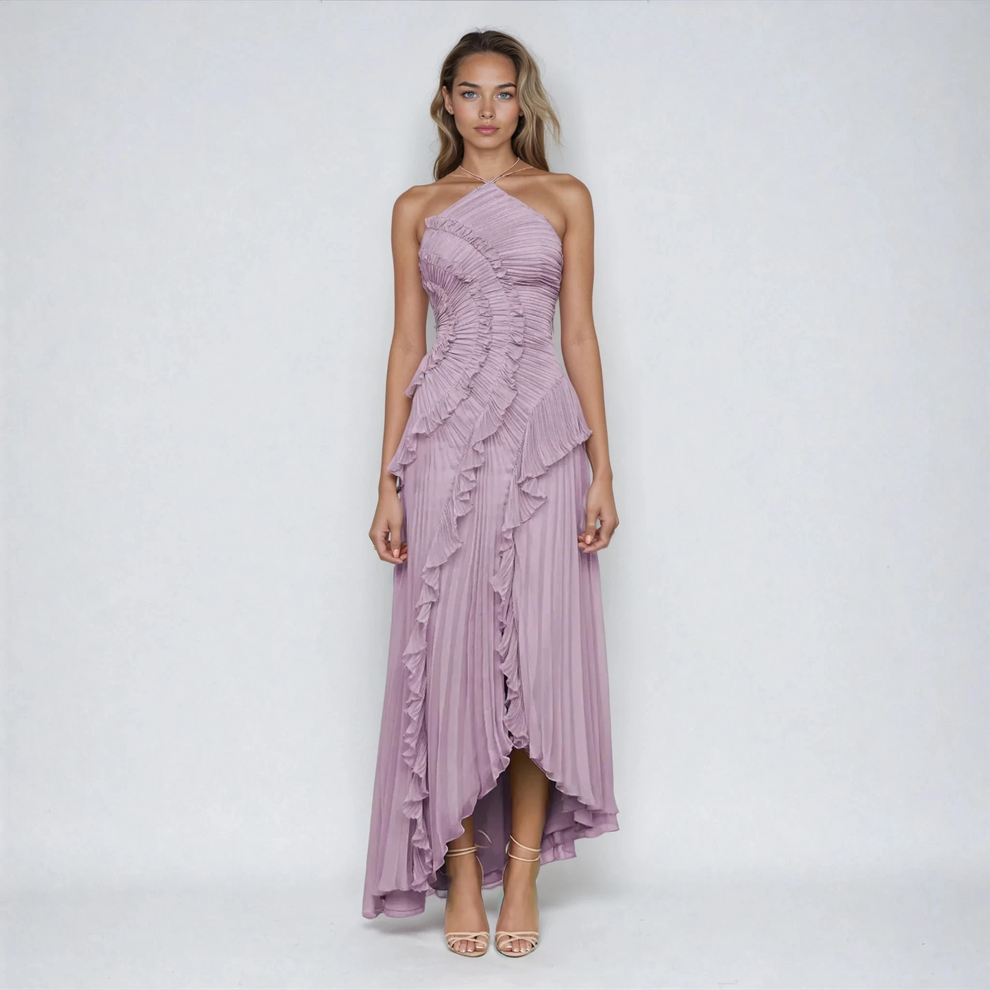 Maraike | Vestido Largo Plisado Con Volantes Y UN Solo Hombro