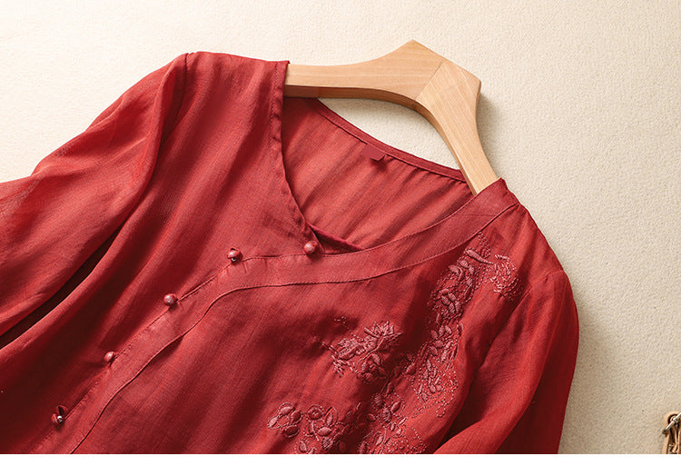 Loreen - Blusa Tipo Túnica Asimétrica Con Botones y Bordados